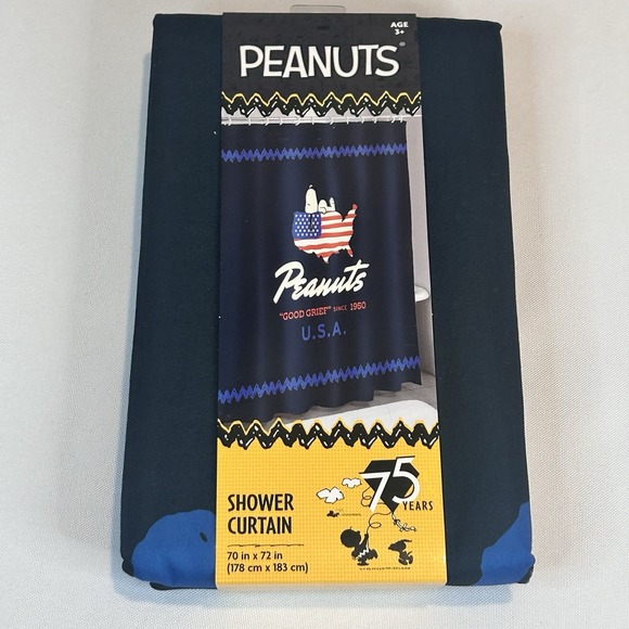 Peanuts Snoopy Patriotic Shower Curtain 70x72 "Good Grief" 75 Years U.S.A. New - Picture 2 of 5